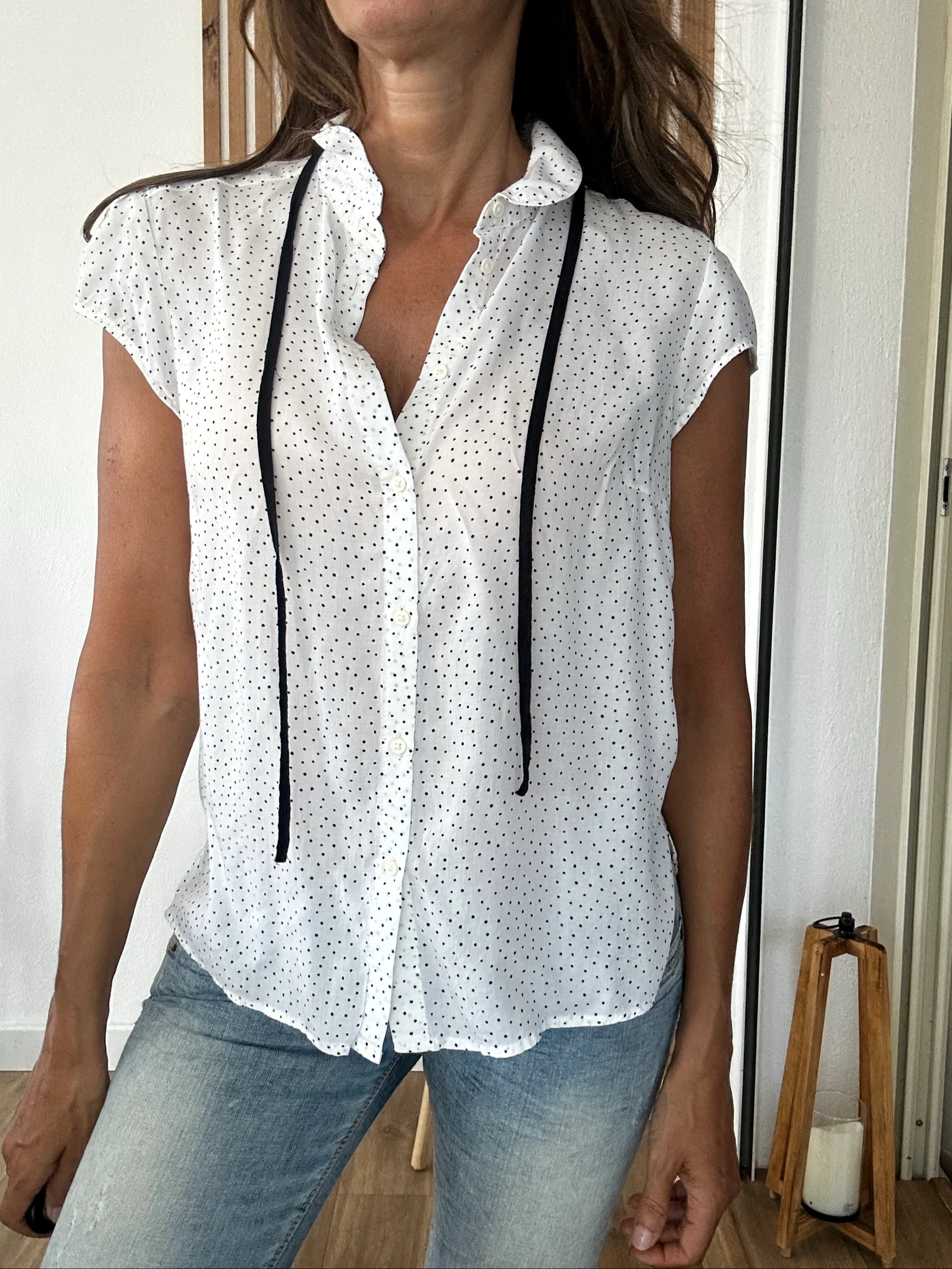 Witte blouse met zwarte stippen – Col Claudine – Maat M – photo 5